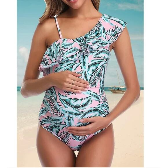 NWT Summer Mae's Maternity One Shoulder Flounce One Piece Bathing Suit Small - Picture 3 of 13